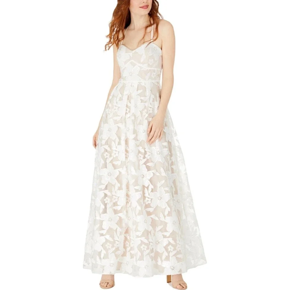 BCX Maxi Dress Floral Embroidery Sequin Formal Coquette Juniors 11 White